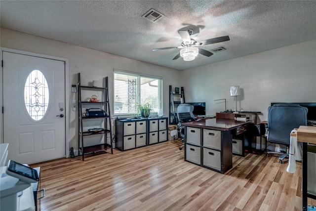 office space featuring ceiling fan, a textured ceiling, and light hardwood / wood-style floors