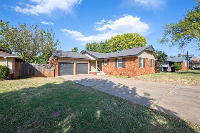 ranch-style house featuring a garage and a front lawn