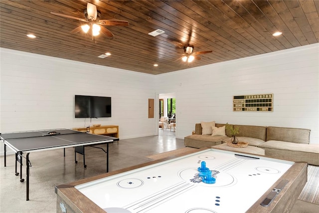 playroom featuring wooden ceiling