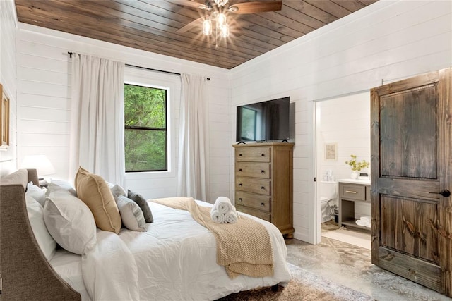 bedroom with ceiling fan and wood ceiling