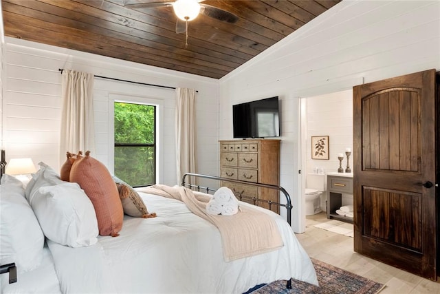 bedroom featuring ensuite bath, vaulted ceiling, ceiling fan, light wood-type flooring, and wood ceiling