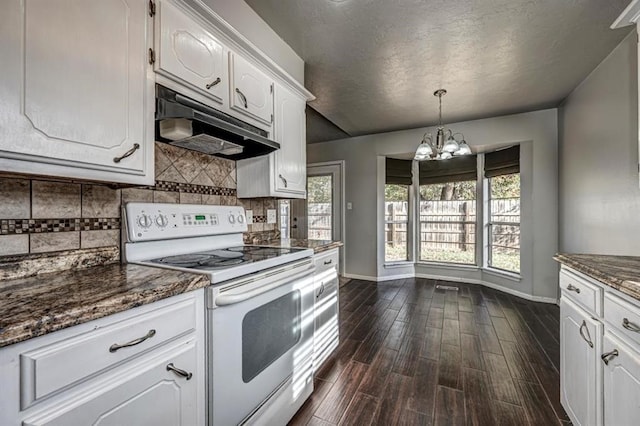 kitchen featuring white cabinets, white electric range oven, dark wood-type flooring, and hanging light fixtures