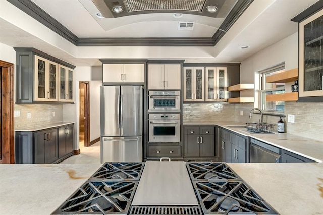 kitchen featuring sink, gray cabinets, a raised ceiling, and appliances with stainless steel finishes