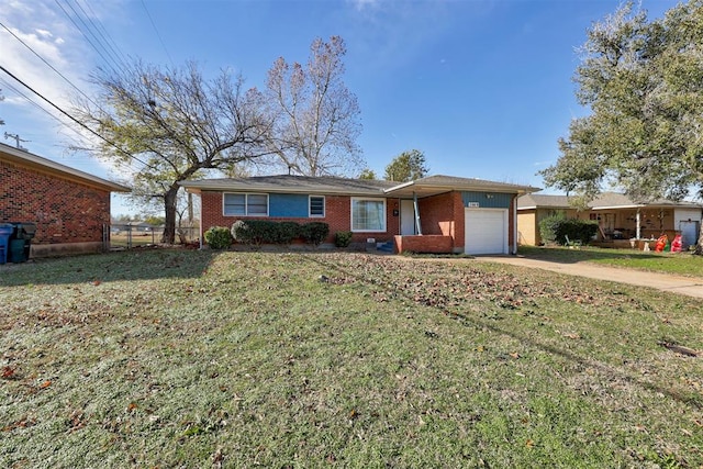 ranch-style house with a front yard and a garage