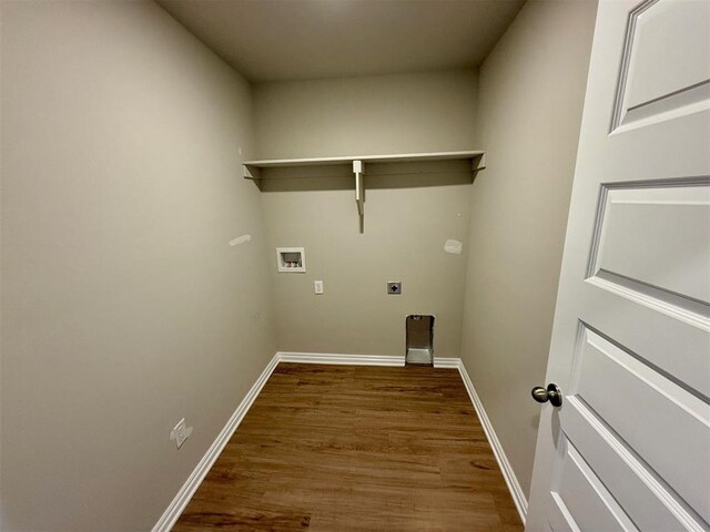 clothes washing area with hookup for an electric dryer, wood-type flooring, and hookup for a washing machine