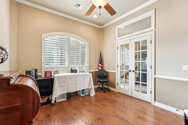 office with crown molding, ceiling fan, french doors, and hardwood / wood-style floors