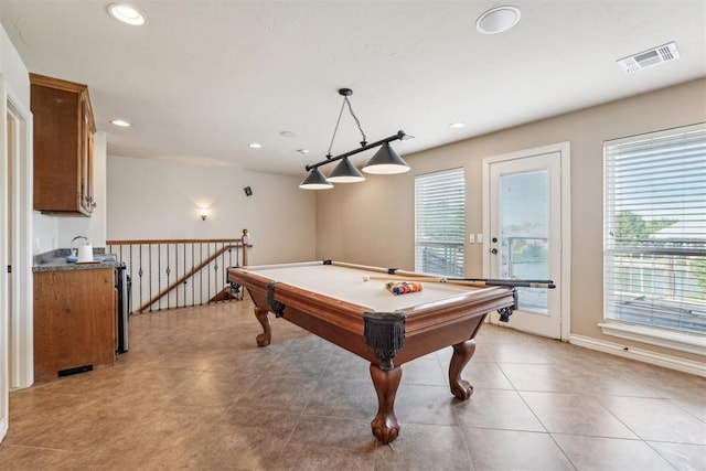 playroom with light tile patterned floors and billiards