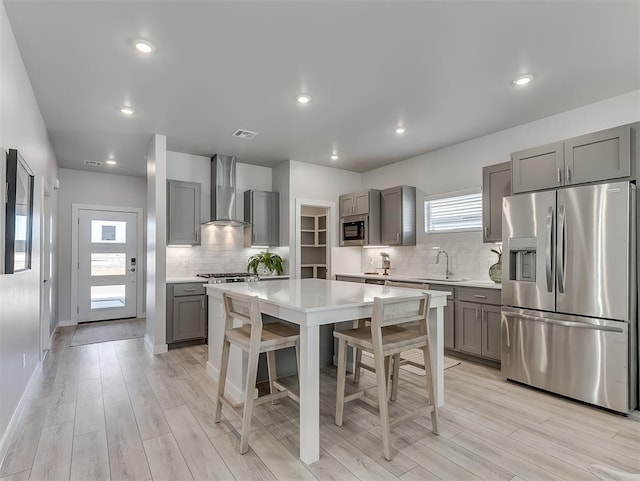 kitchen with gray cabinets, wall chimney exhaust hood, a kitchen island, and appliances with stainless steel finishes