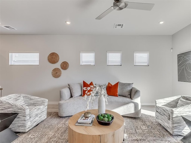 living room with wood-type flooring and ceiling fan