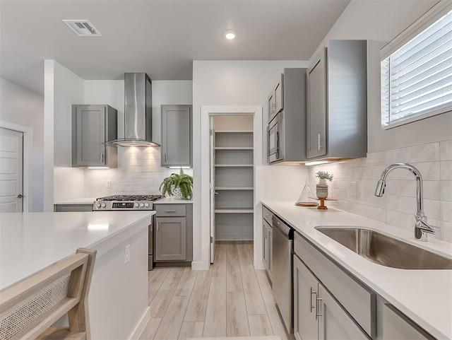 kitchen featuring backsplash, stainless steel appliances, sink, wall chimney range hood, and gray cabinets