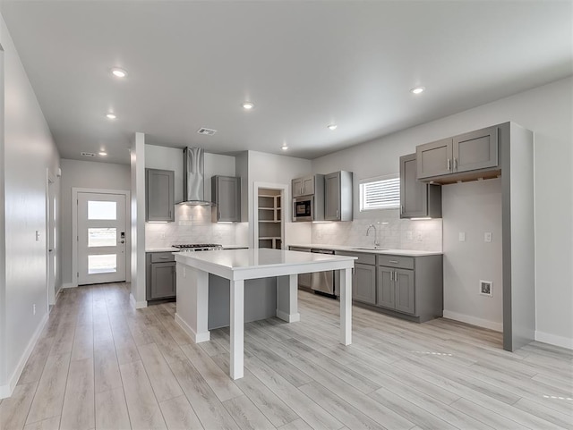 kitchen with appliances with stainless steel finishes, wall chimney exhaust hood, sink, gray cabinets, and a kitchen island