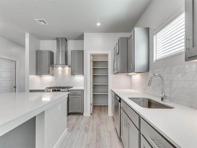 kitchen featuring gray cabinets, sink, wall chimney exhaust hood, and appliances with stainless steel finishes