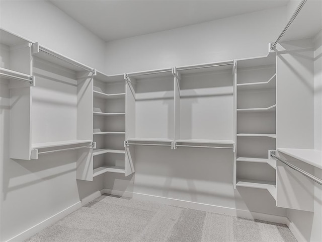 walk in closet featuring light colored carpet