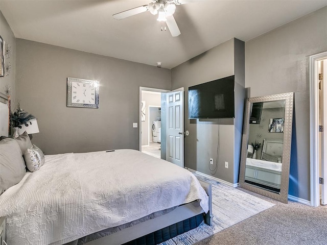 bedroom featuring carpet, ceiling fan, and washer / clothes dryer