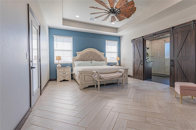 2063 County Road 1336, Blanchard, OK 73010 - bedroom with a barn door, a raised ceiling, access to exterior, a ceiling fan, and recessed lighting