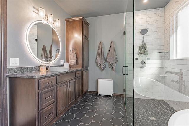 2063 County Road 1336, Blanchard, OK 73010 - full bath featuring a shower stall, vanity, tile patterned floors, and healthy amount of natural light