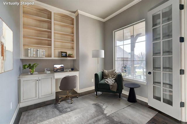 office space featuring dark hardwood / wood-style floors and crown molding