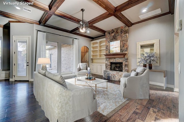 living room with dark hardwood / wood-style floors, beamed ceiling, and coffered ceiling