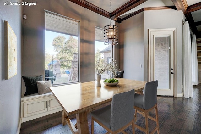 dining area with dark hardwood / wood-style flooring, crown molding, beamed ceiling, and coffered ceiling