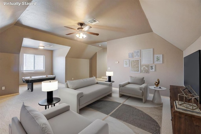 living room featuring lofted ceiling, billiards, ceiling fan, and light colored carpet