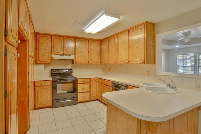 kitchen featuring kitchen peninsula, black electric range oven, dishwasher, and sink