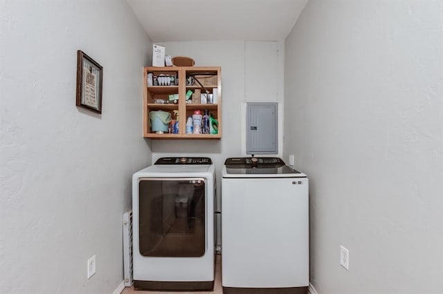 washroom with washing machine and dryer and electric panel