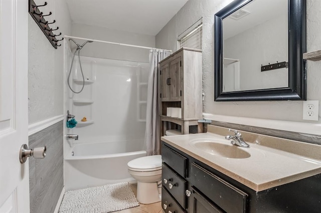 full bathroom with tile patterned flooring, vanity, toilet, and shower / bathtub combination with curtain