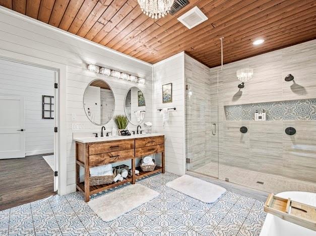 bathroom featuring hardwood / wood-style floors, wooden walls, a shower with door, vanity, and wood ceiling