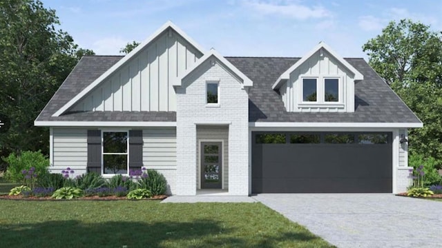 modern farmhouse featuring a garage and a front yard