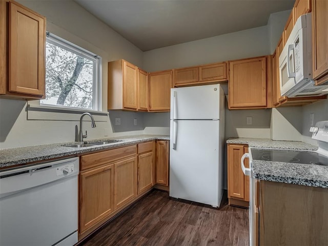 kitchen featuring light stone countertops, dark hardwood / wood-style flooring, white appliances, and sink