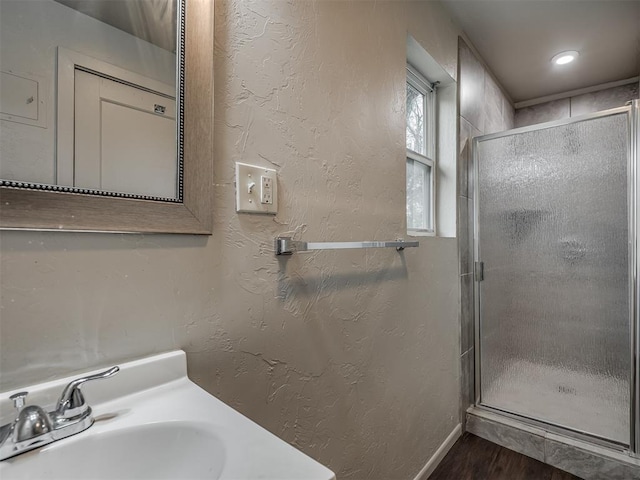 bathroom with hardwood / wood-style floors, sink, and walk in shower