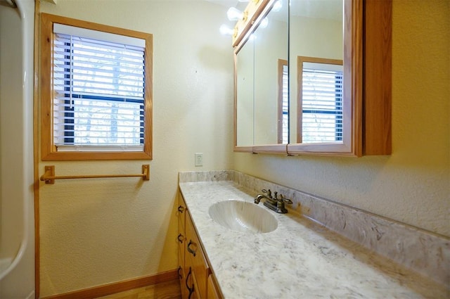 bathroom featuring hardwood / wood-style flooring, vanity, and a healthy amount of sunlight