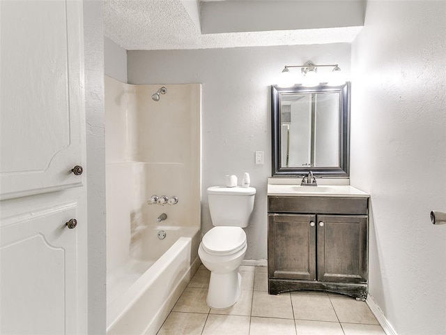 full bathroom featuring vanity,  shower combination, tile patterned flooring, toilet, and a textured ceiling