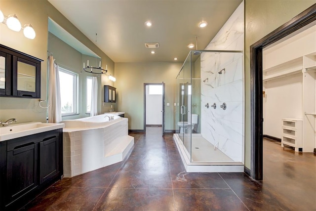 bathroom featuring vanity, shower with separate bathtub, a chandelier, and concrete floors