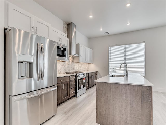 kitchen featuring appliances with stainless steel finishes, sink, wall chimney range hood, a center island with sink, and decorative backsplash