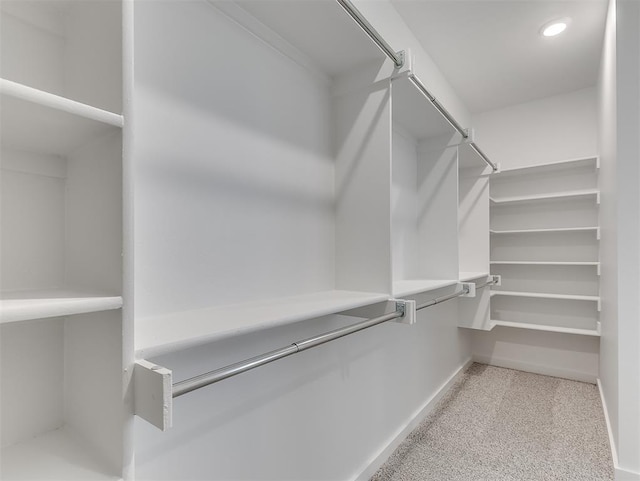 spacious closet featuring light carpet