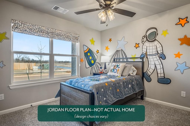 bedroom featuring carpet flooring and ceiling fan