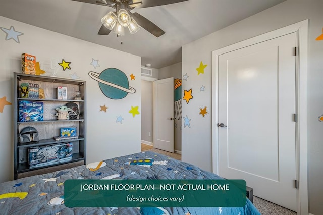 carpeted bedroom featuring ceiling fan