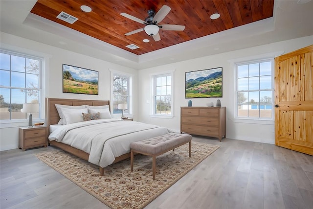 bedroom featuring ceiling fan, a raised ceiling, light hardwood / wood-style flooring, and multiple windows