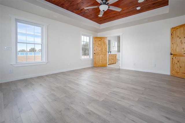 unfurnished room with a tray ceiling, ceiling fan, wood ceiling, and light hardwood / wood-style floors