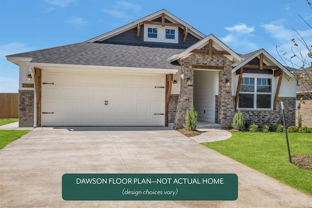 craftsman house featuring a garage and a front lawn