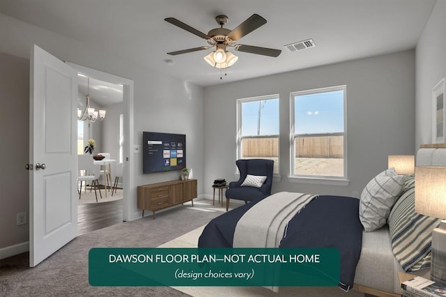 carpeted bedroom with ceiling fan with notable chandelier