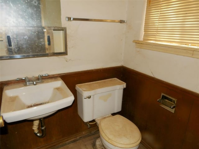 bathroom featuring wood walls, toilet, and sink