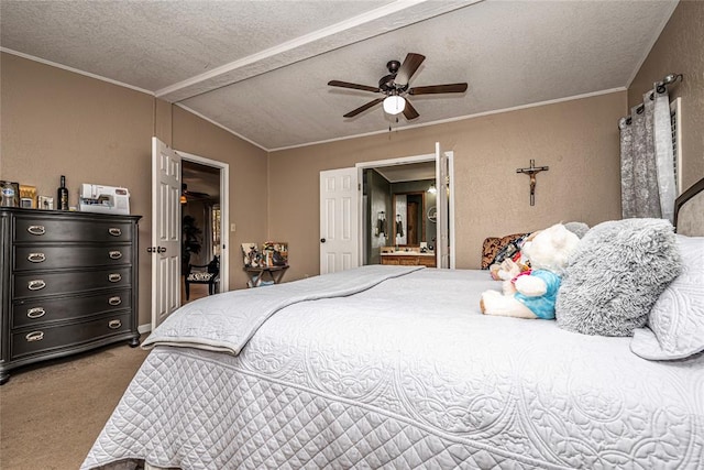 bedroom with ceiling fan, crown molding, carpet floors, a textured ceiling, and lofted ceiling