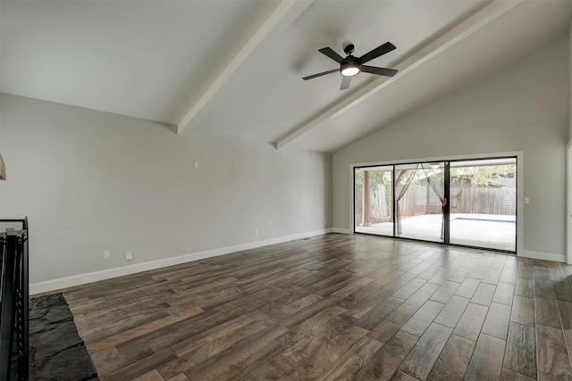 unfurnished living room with ceiling fan, beamed ceiling, dark hardwood / wood-style floors, and high vaulted ceiling