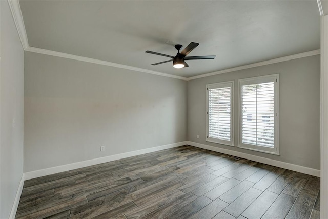 spare room featuring ceiling fan, crown molding, and dark wood-type flooring