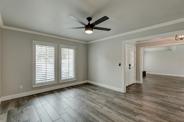 unfurnished room featuring hardwood / wood-style flooring, ceiling fan, and ornamental molding