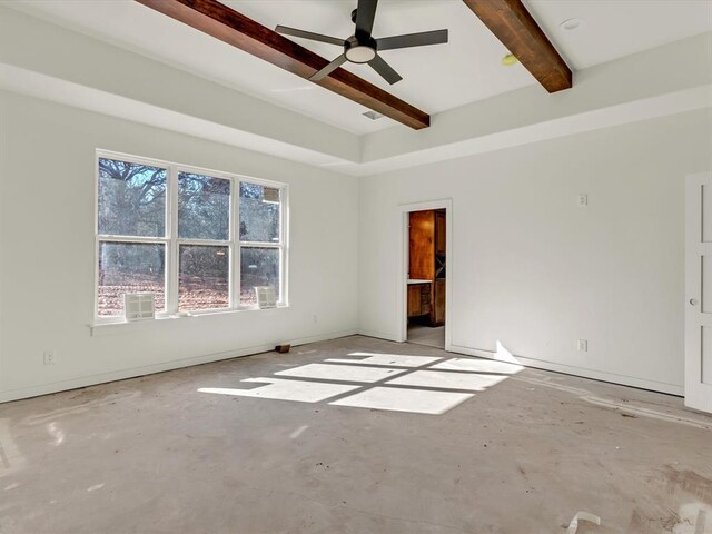 unfurnished room featuring beam ceiling, a ceiling fan, and unfinished concrete flooring