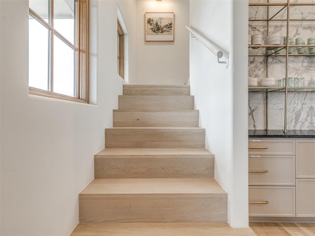 stairway with hardwood / wood-style floors