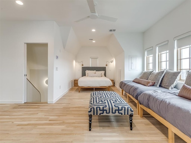 bedroom featuring ceiling fan and light wood-type flooring